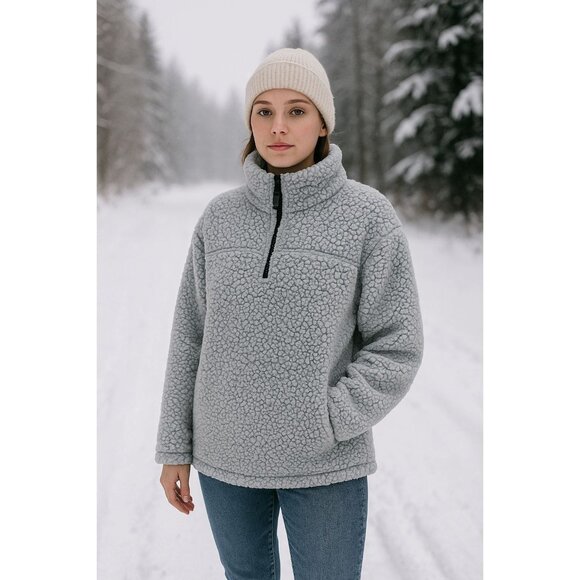 Green Tea Sherpa Fleece Pullover XL Gray Cozy Quarter Zip Teddy Jacket Retro Y2K - Picture 1 of 9
